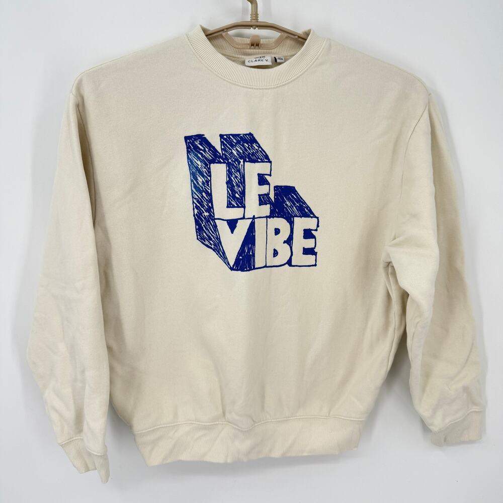 Clare V Womens LE Vibe Cotton Pullover Crewneck Sweatshirt Cream Blue Size XS - Picture 2 of 5